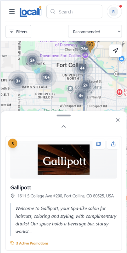 Locali app — business listing view