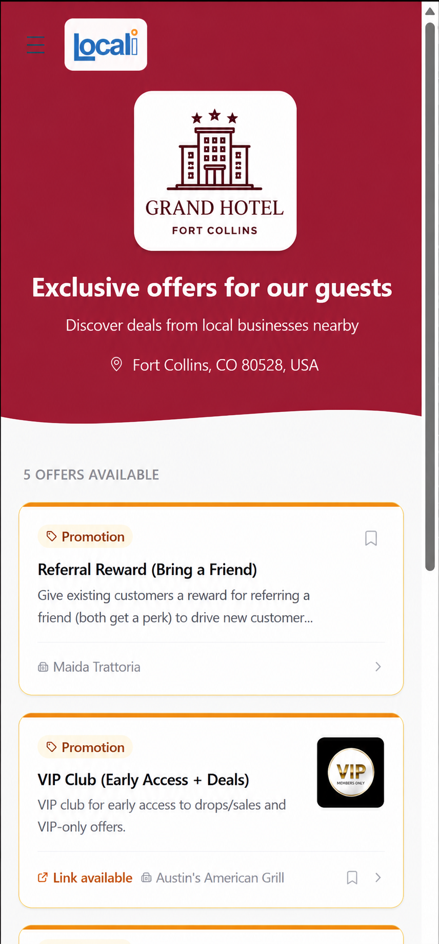 Guest view — exclusive hotel offers on Locali