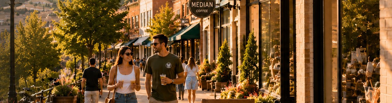 People enjoying a local shopping district